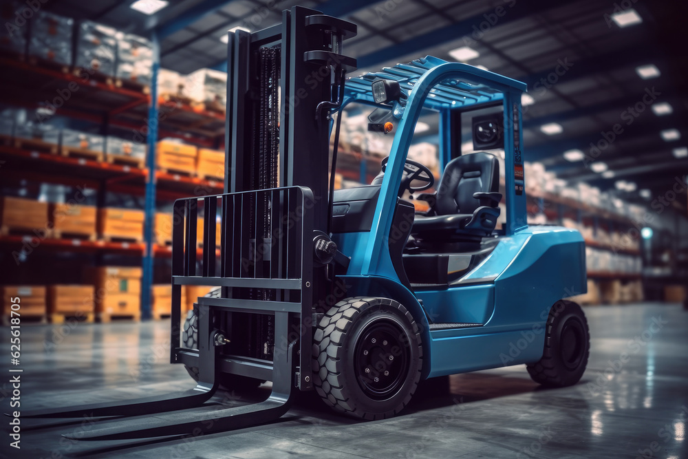 Forklift in warehouse, Boxes are on the shelves of the warehouse, Warehousing, machinery concept, Logistics in stock. Forklift in warehouse, Boxes are on the shelves of the warehouse, Warehousing, machinery concept, Logistics in stock.