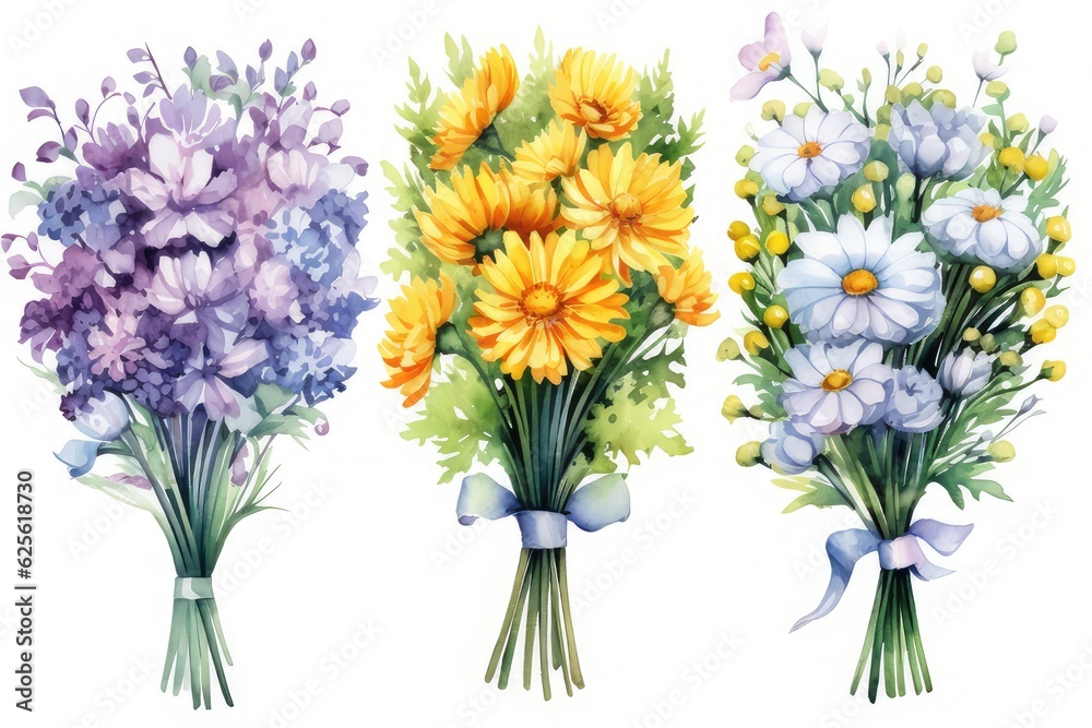 set of Watercolor bouquet of aster and Marigold flower, watercolor Illustration isolated on white background for wedding card, cover, invitations.