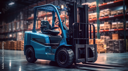 Forklift in a warehouse next to pallets, Warehouse center, Pallets with boxes in building.