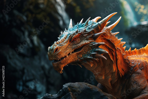 Close-up of a big beautiful dragon on a rock.