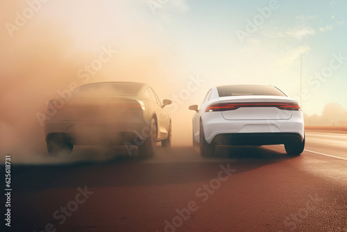 An electric car and a car with an internal combustion engine surrounded by clouds of smoke and exhaust gas. The negative impact of vehicles using fuel and gasoline on the environment, ecology, climate