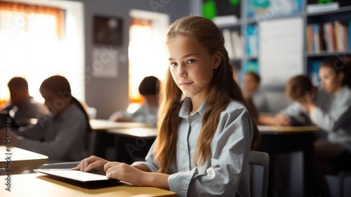 Portrait of schoolgirl sitting at desk and using tablet in school classroom.