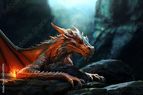 Close-up of a big beautiful dragon on a rock. © Olga Gubskaya