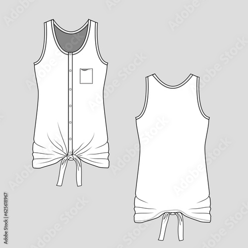 Womens Knot tie tank top full open button panel with pocket fashion flat sketch technical drawing template design vector