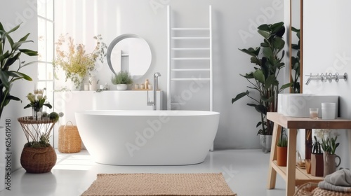Interior of light bathroom with bathtub and plants in modern apartment.