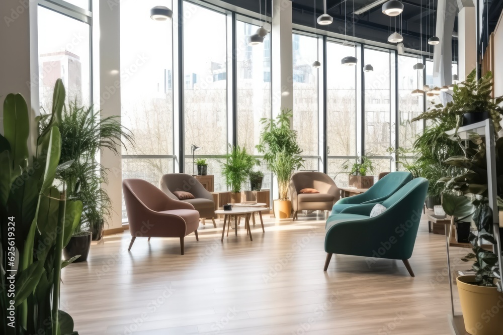 Spacious office lounge with large windows with green natural plants in modern coworking.