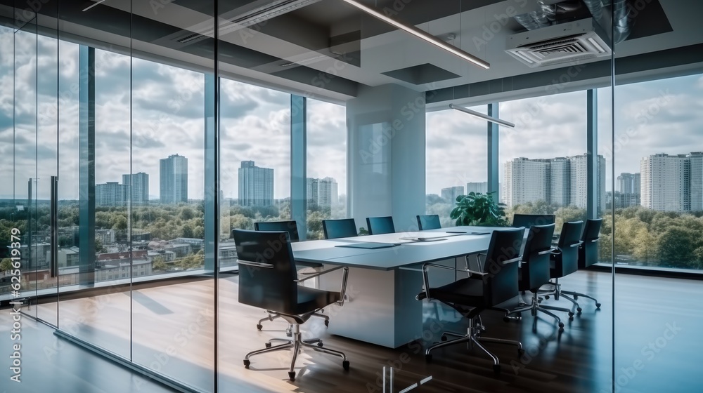 Meeting room office interior glass sectioning with city view.