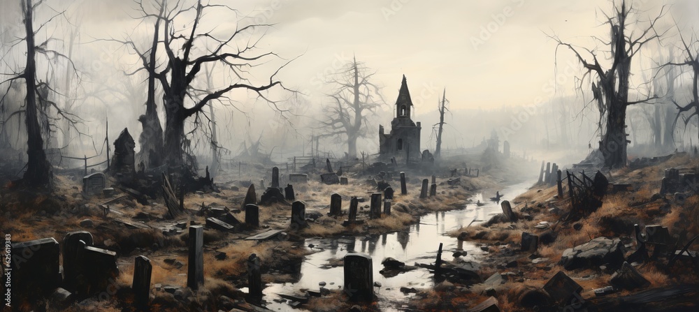 Old abandoned graveyard foggy background. Generative AI technology.