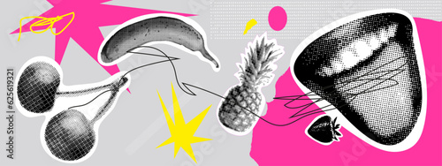Collage with mouth, berries, fruits and abstract shapes with texture. Minimalist illustration. Stylish composition with circles and halftone effect. Vector banner.
