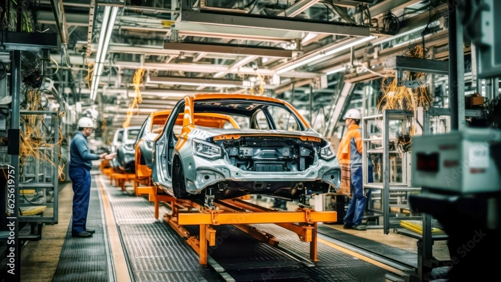 In an outdated and obsolete automotive factory, workers in worn blue uniforms assemble cars. Urgent need for modernization and technological upgrades to embrace modern technologies in factories
