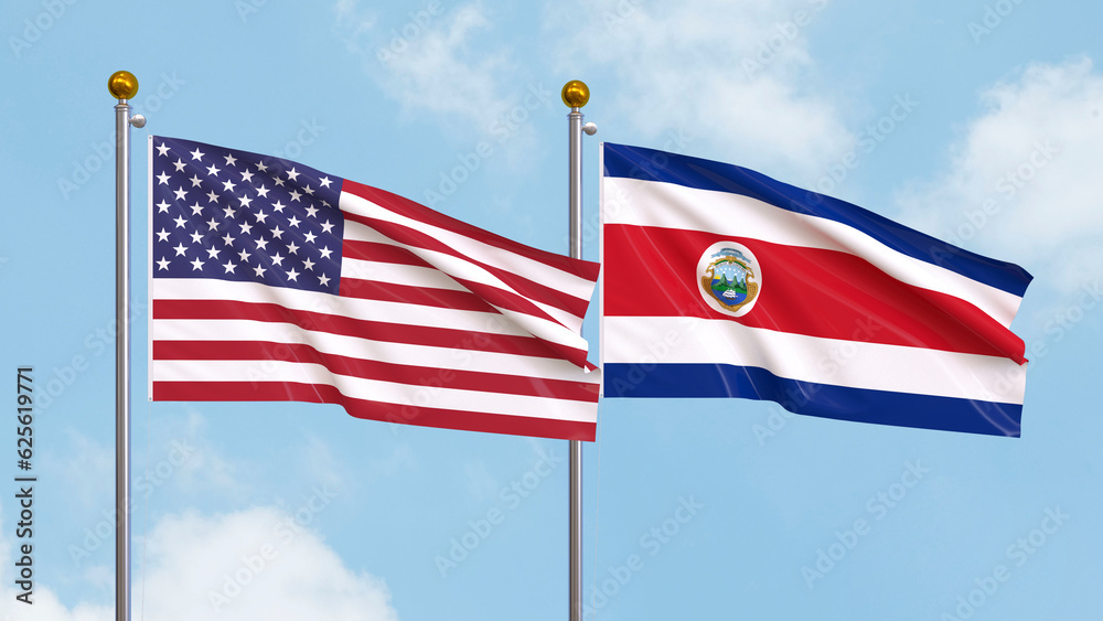 Waving flags of the United States of America and Costa Rica on sky background. Illustrating International Diplomacy, Friendship and Partnership with Soaring Flags against the Sky. 3D illustration. Waving flags of the United States of America and Costa Rica on sky background. Illustrating International Diplomacy, Friendship and Partnership with Soaring Flags against the Sky. 3D illustration.