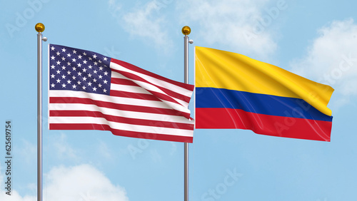 Waving flags of the United States of America and Colombia on sky background. Illustrating International Diplomacy, Friendship and Partnership with Soaring Flags against the Sky. 3D illustration.