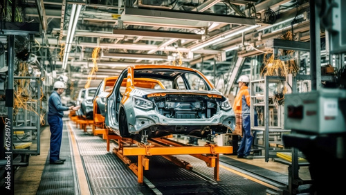 In an outdated and obsolete automotive factory, workers in worn blue uniforms assemble cars. Urgent need for modernization and technological upgrades to embrace modern technologies in factories