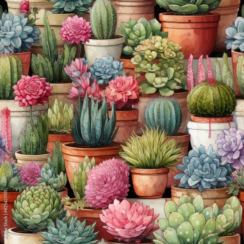 Cactus, succulents, and desert flowers. Seamless tile. Generative AI