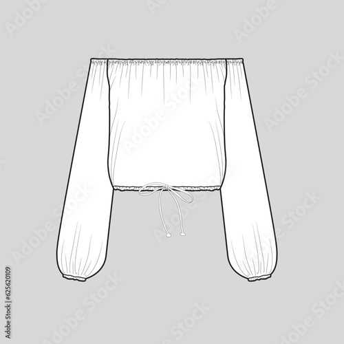 Womens off shoulder drawstring hem long sleeve fashion gathering blouse top t shirt flat sketch technical drawing template design vector