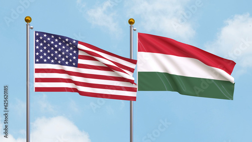 Waving flags of the United States of America and Hungary on sky background. Illustrating International Diplomacy  Friendship and Partnership with Soaring Flags against the Sky. 3D illustration.