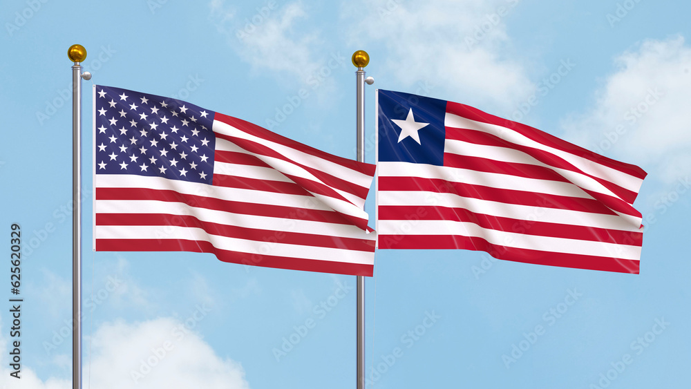 Waving flags of the United States of America and Liberia on sky background. Illustrating International Diplomacy, Friendship and Partnership with Soaring Flags against the Sky. 3D illustration.
