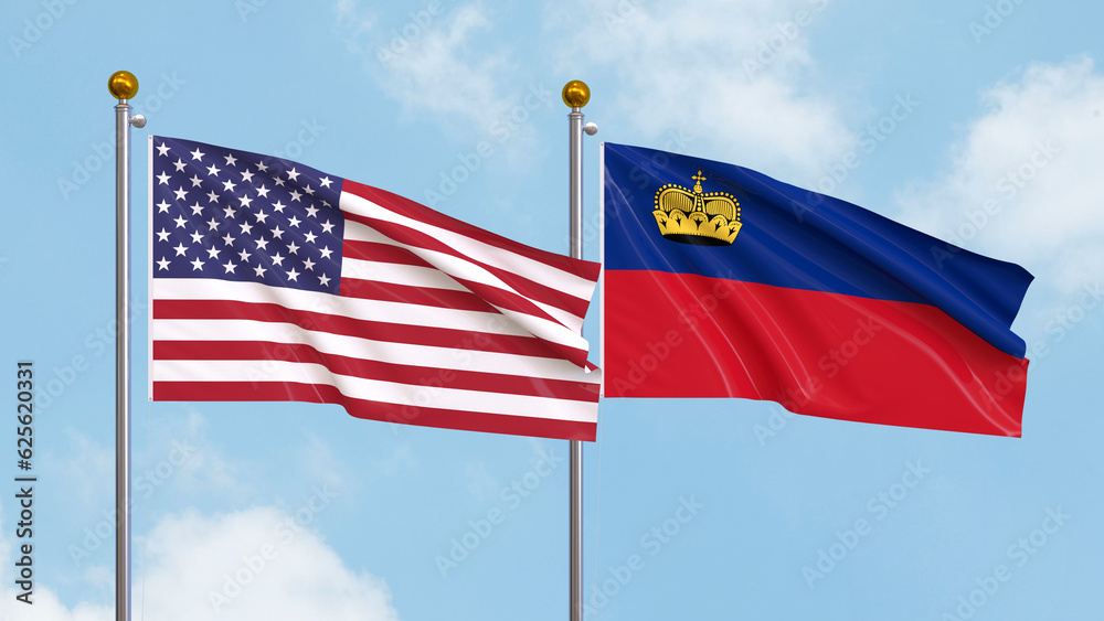 Waving flags of the United States of America and Liechtenstein on sky background. Illustrating International Diplomacy, Friendship and Partnership with Soaring Flags against the Sky. 3D illustration.