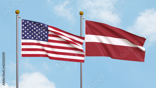 Waving flags of the United States of America and Latvia on sky background. Illustrating International Diplomacy  Friendship and Partnership with Soaring Flags against the Sky. 3D illustration.