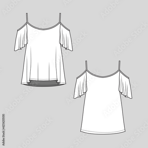 Women open Shoulder top Ruffles Sleeve Tank top T shirt top blouse Fashion flat sketch mock up  technical drawing template design vector