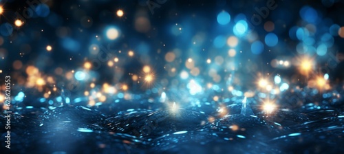 Christmas night blue glitter light sparkle blur bokeh background. Generative AI technology.
