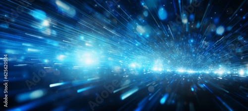 Flash spark blue glitter lights bokeh background. Generative AI technology.