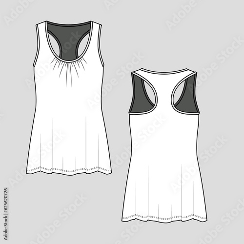 Women Racer back tank top sports fitness t shirt flat sketch technical drawing template cad mock up design vector