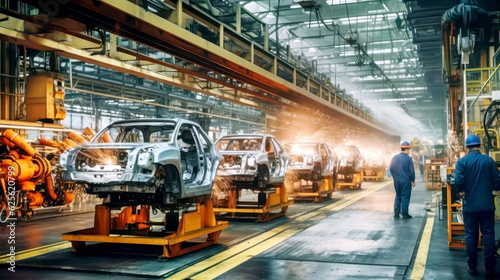 In an outdated and obsolete automotive factory, workers in worn blue uniforms assemble cars. Urgent need for modernization and technological upgrades to embrace modern technologies in factories
