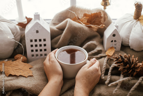 Cozy Autumn. Hands holding warm cup of tea with stylish pumpkin pillows, fall leaves, lights and cute buildings decor on brown scarf on windowsill. Autumn hygge, fall home decor