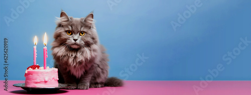 Cute cat with a colorful birthday cake with a candle on a blue background