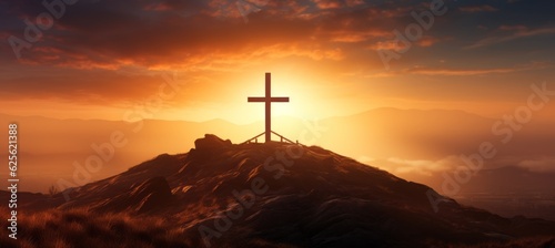 Cross at top mountain sunset background. Generative AI technology.