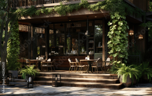 A wooden style of jungle cafe with chairs and tables. © hugo