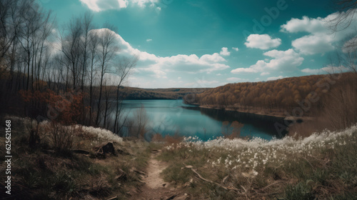 landscape with lake. forest on the hill beneath a sky with fluffy clouds. sunny weather in spring.