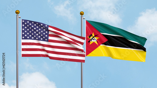 Waving flags of the United States of America and Mozambique on sky background. Illustrating International Diplomacy, Friendship and Partnership with Soaring Flags against the Sky. 3D illustration.