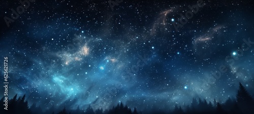 Fantasy starry night space and forest landscape background. Generative AI technology. 