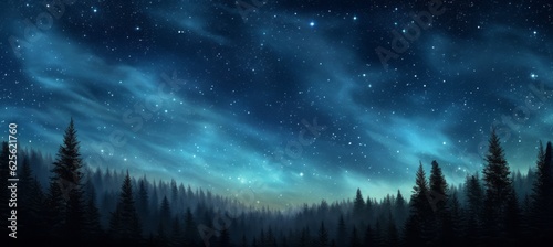 Nature forest landscape and starry aurora night blue space. Generative AI technology.
