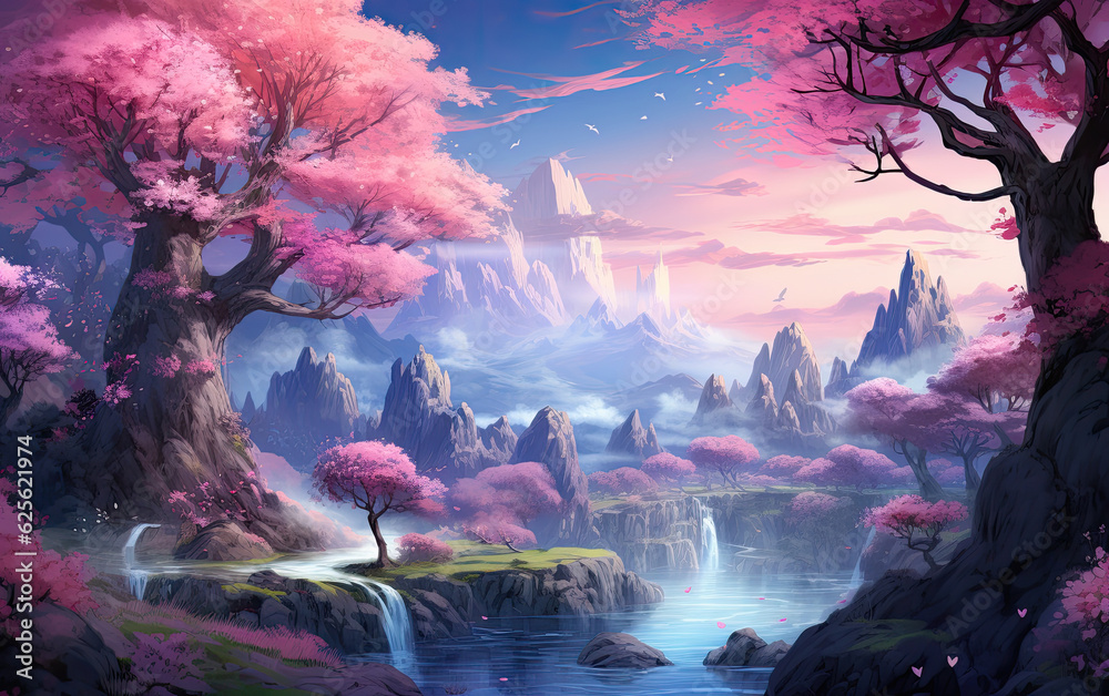 A futuristic landscape adorned with pink blossoms in the morning light.