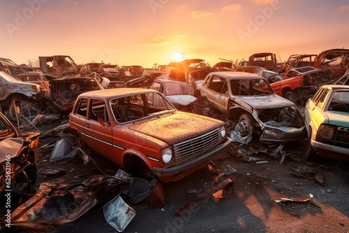 A sprawling car graveyard symbolizing the environmental impact of automotive waste. The need for effective recycling programs and reduce the ecological burden of old car disposal