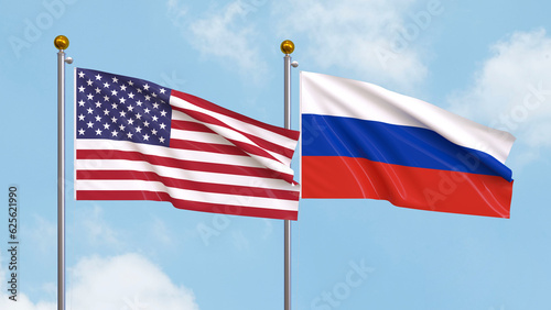 Waving flags of the United States of America and russia on sky background. Illustrating International Diplomacy, Friendship and Partnership with Soaring Flags against the Sky. 3D illustration.