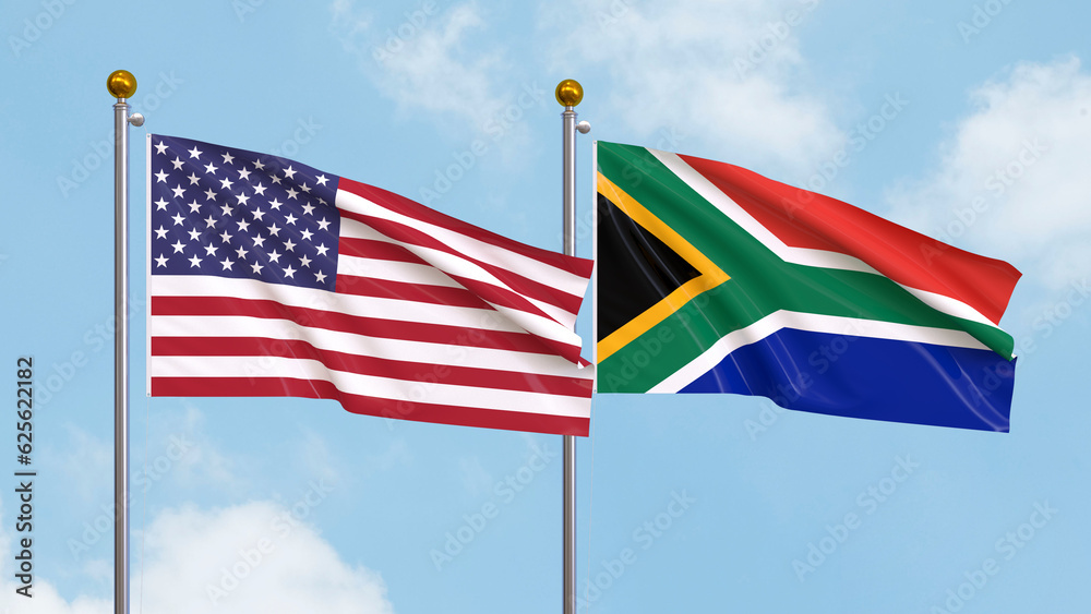 Waving flags of the United States of America and South Africa on sky background. Illustrating International Diplomacy, Friendship and Partnership with Soaring Flags against the Sky. 3D illustration.