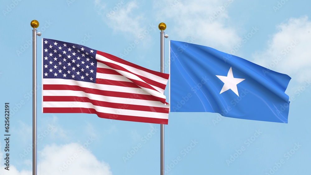 Waving flags of the United States of America and Somalia on sky ...