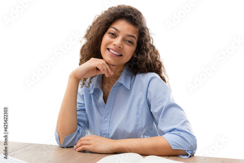 Smiling businesswoman looking at camera, make conference or business call, recording video blog, talking with client on a transparent background photo