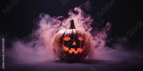 Halloween concept - pumpkin with a scary luminous face in smoke and neon light background, dark, Copy space, generative ai