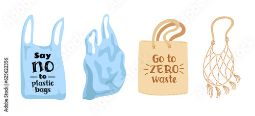 Print op canvas Set of plastic bags and eco bags