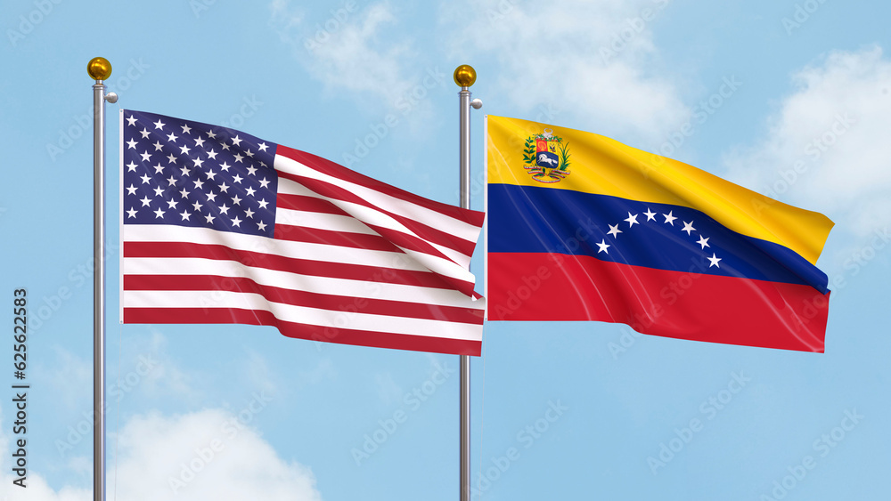 Waving flags of the United States of America and Venezuela on sky background. Illustrating International Diplomacy, Friendship and Partnership with Soaring Flags against the Sky. 3D illustration.
