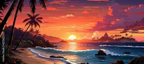 Sunset at tropical island beach landscape art painting background. Generative AI technology. 