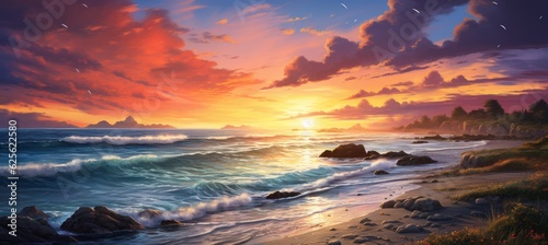 Dawn sunset beach landscape art painting background. Generative AI technology. 