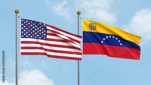 Waving flags of the United States of America and Venezuela on sky background. Illustrating International Diplomacy, Friendship and Partnership with Soaring Flags against the Sky. 3D illustration.
