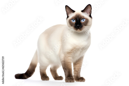 Fotografie, Obraz Siamese cat with bright blue eyes on a white background.