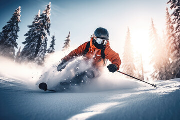 Skier skiing downhill in high mountains
